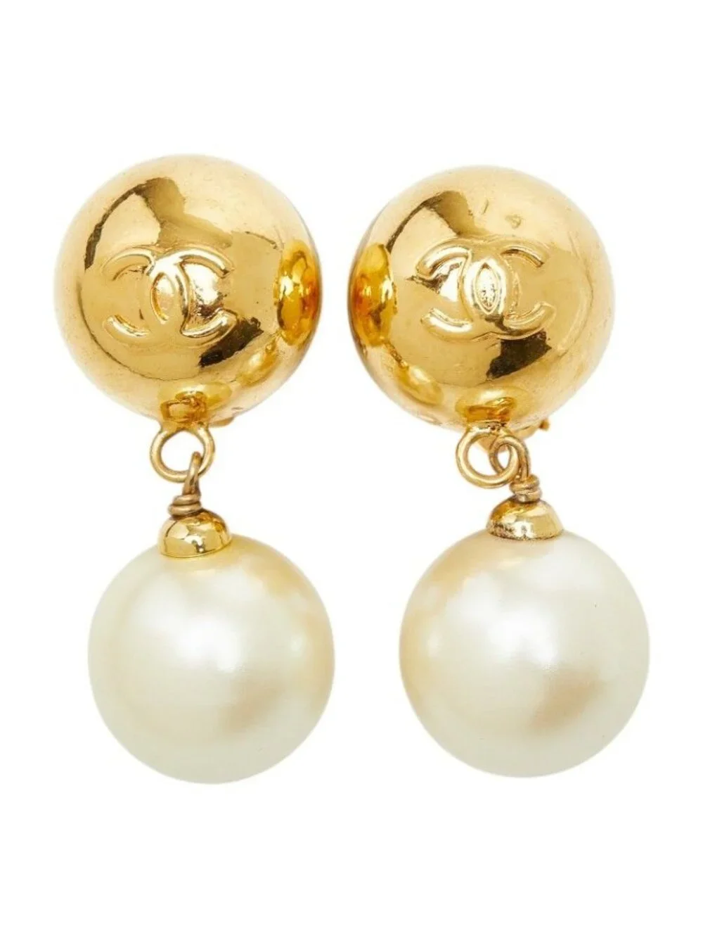 Chanel CC Logo Vintage Earrings Gold Plated Faux Pearl